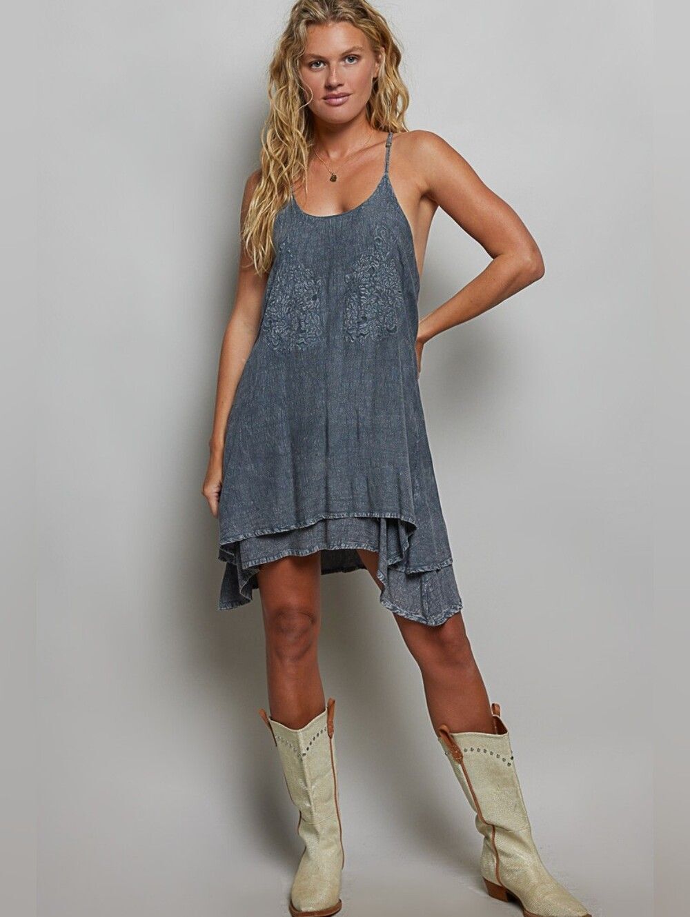 POL Embroidered Adjustable Strap Mini Washed Slate Blue Layered Blue Dress